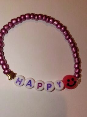 Kids 'Happy' Beaded Stretch Bracelet in Purple and Pink